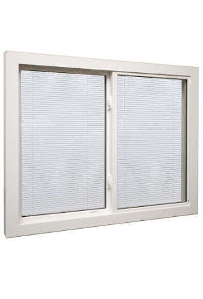 white blinds inside glass with a white frame