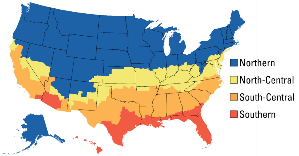 energy star map of the united states, separated into northern, north-central, south-central, and southern