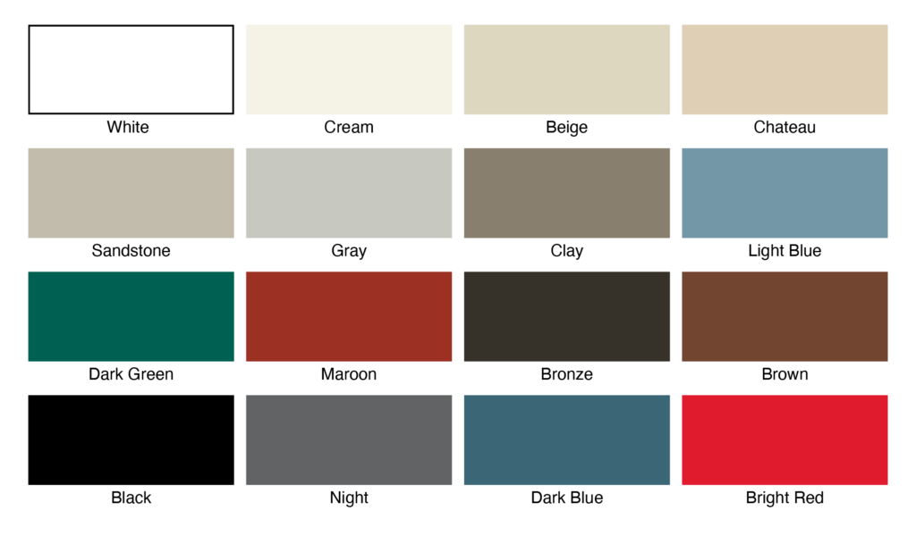 exterior paint options including: white, cream, beige, chateau, sandstone, gray, clay, light blue, dark green, maroon, bronze, brown, black, night, dark blue, bright red