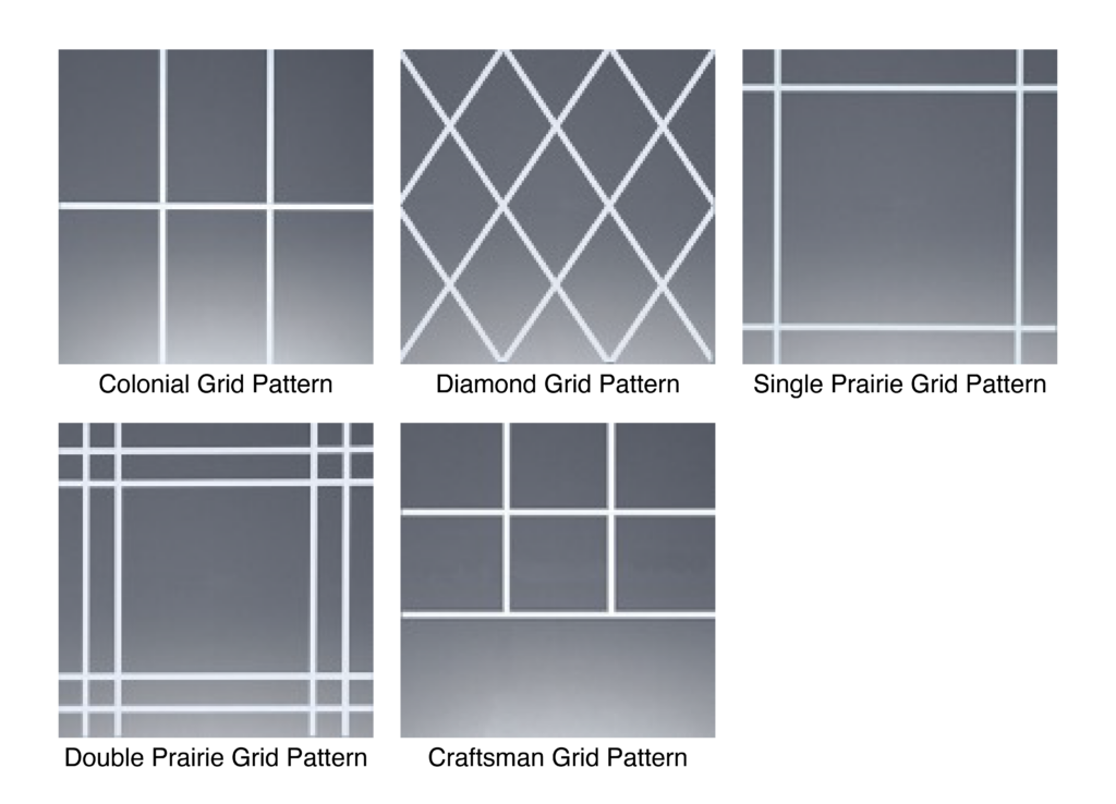 grid patterns that include: colonial, diamond, single prairie, double prairie, craftsman