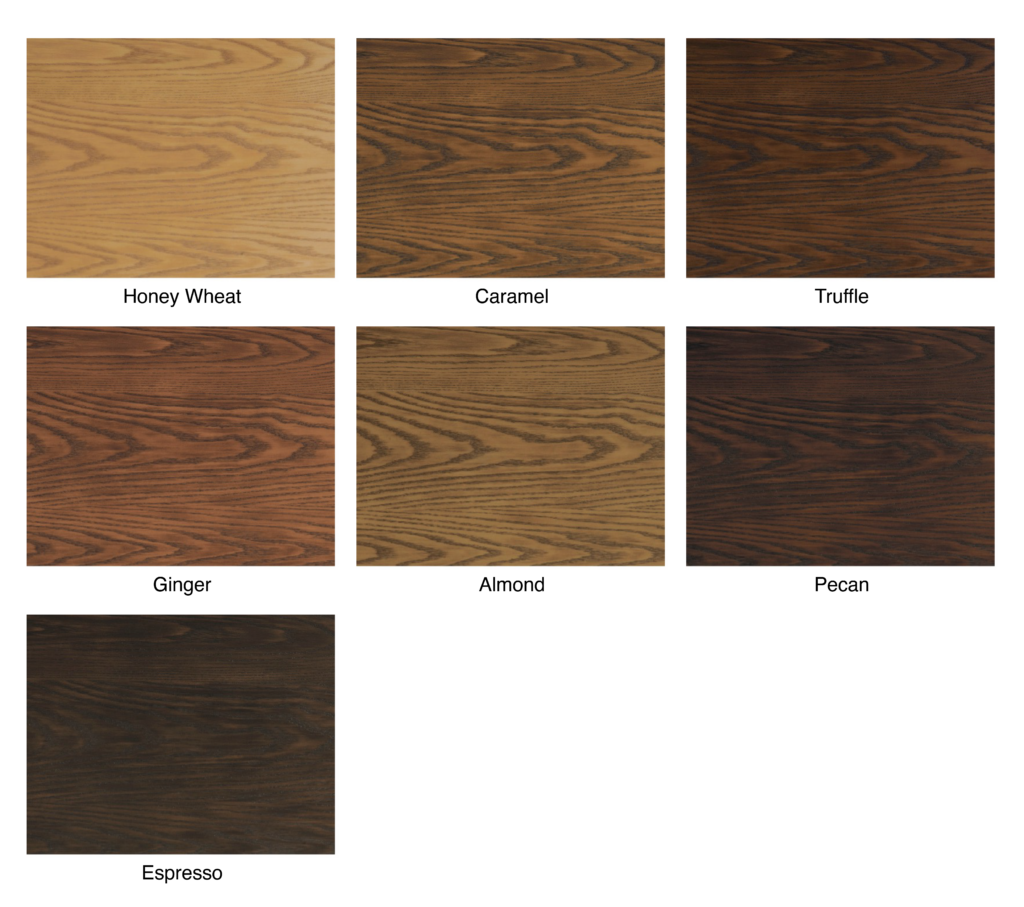 oak wood stains including: honey wheat, caramel, truffle, ginger, almond, pecan, expresso