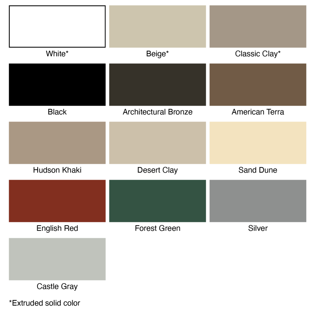 gold series painted frame colors that include: white, beige, classic clay, black, architectural bronze, american terra, hudson khaki, desert clay, sand dune, english red, forest green, silver, castle gray