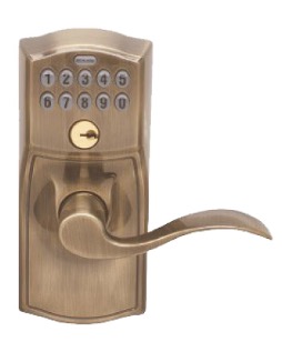schlage sense accent lever electronic lockset exterior in the antique brass finish