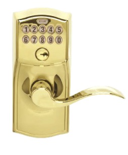 schlage sense accent lever electronic lockset exterior in the bright brass finish