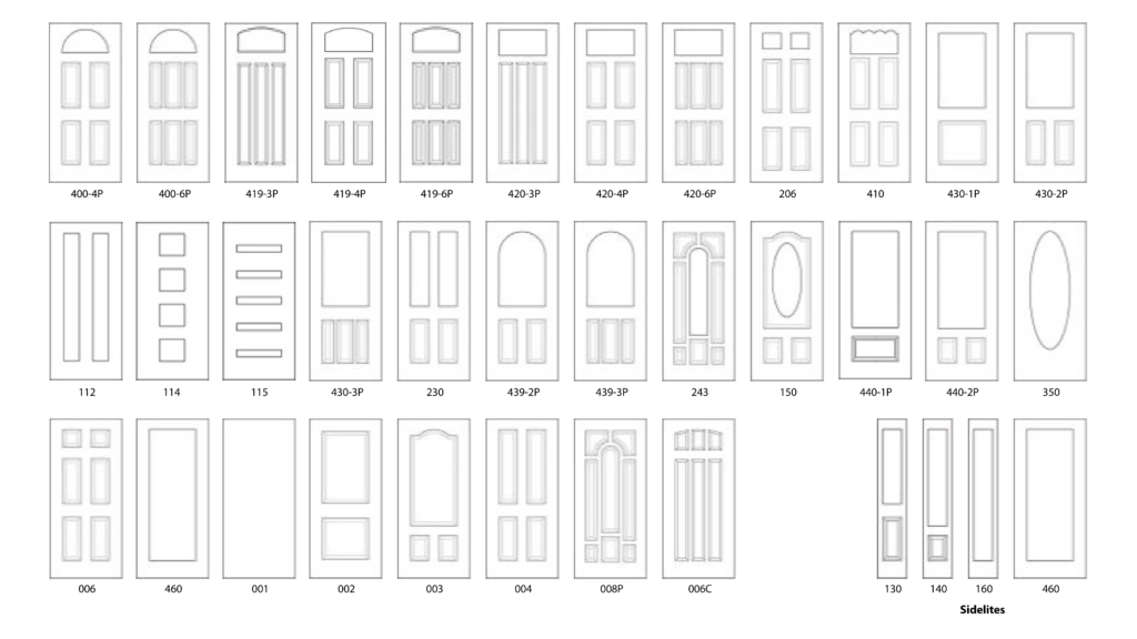 a grid outlining the various gold series door styles and sidelite options