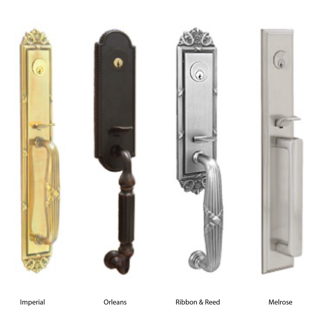 platinum series emtek hardware styles exterior views including: imperial, orleans, ribbon and reed, melrose