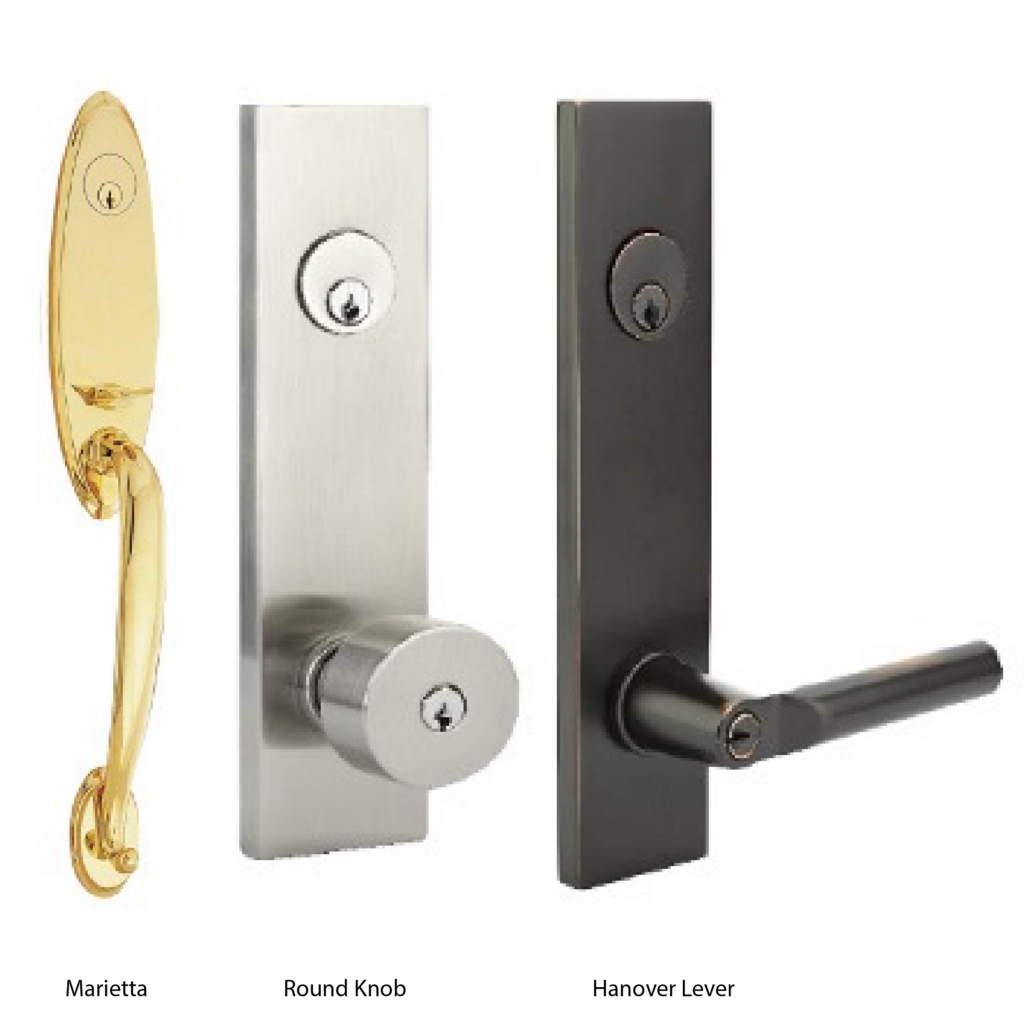 platinum series emtek hardware styles exterior views including: marietta, round knob, hanover lever