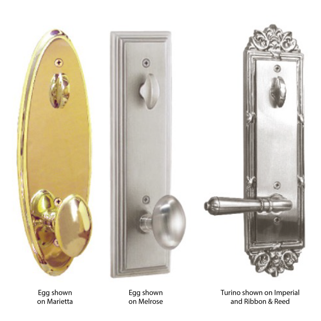 platinum series emtek hardware styles interior views including: egg shown on marietta, egg shown on melrose, turino shown on imperial and ribbon and reed