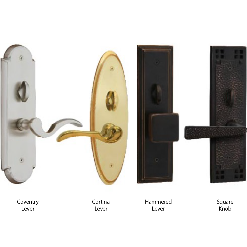 platinum series emtek mortise hardware styles interior views including: coventry lever, cortina lever, hammered lever, square knob