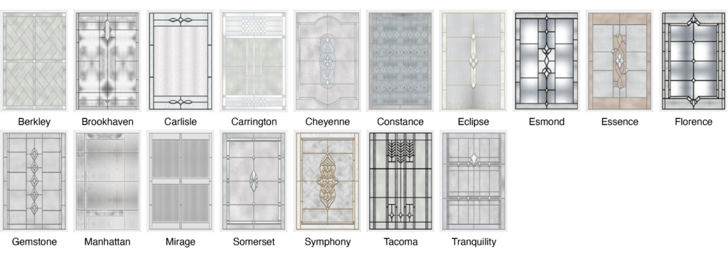 a grid layout of 17 entry glass door options