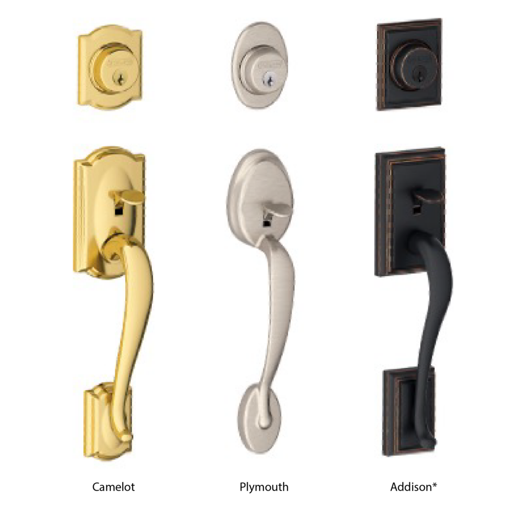 gold series schlage vintage entry door hardware with keylock styles including: camelot, plymouth, and addison