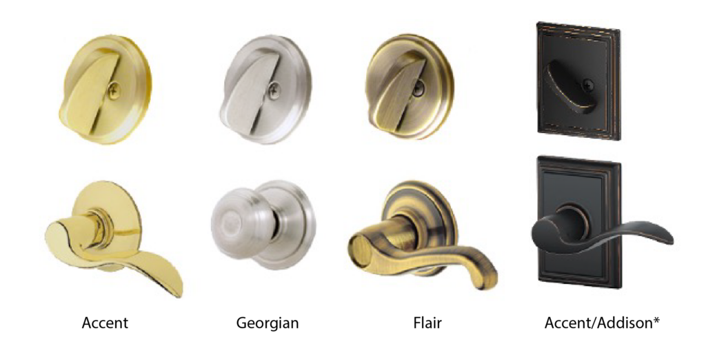 gold series schlage vintage entry door hardware deadbolt styles including: accent, georgian, flair, and accent/addison