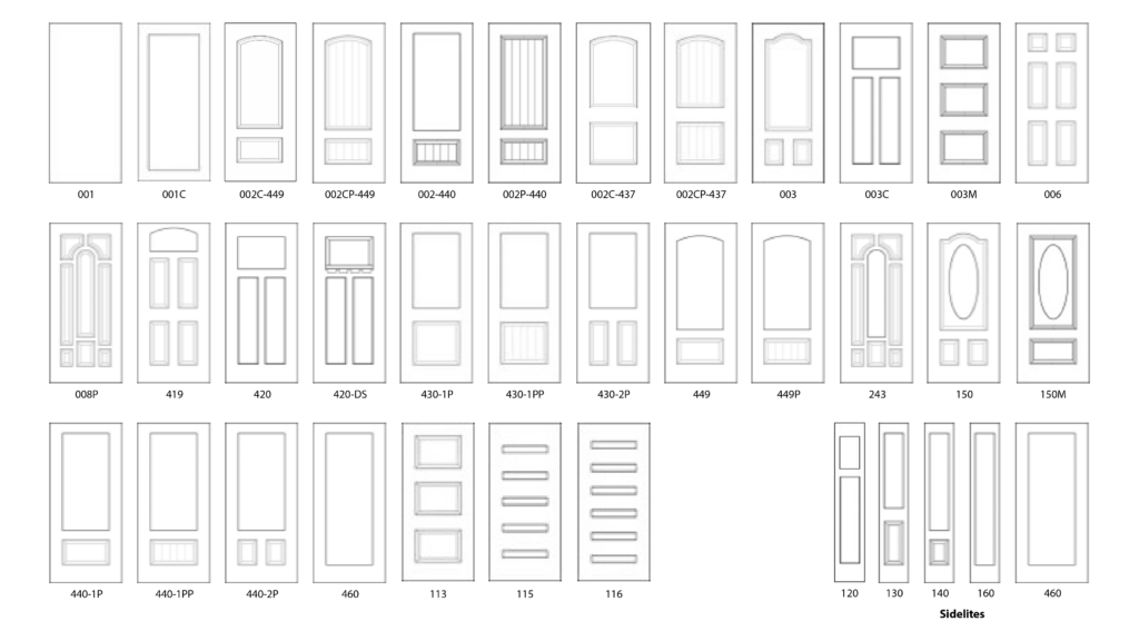 a grid outlining the various platinum series door styles and sidelite options