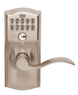 schlage sense accent lever electronic lockset exterior in the satin nickel finish