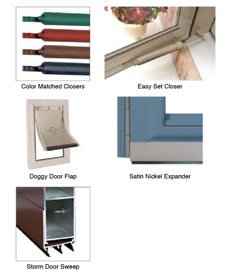 storm door accessories including: color matched closers, easy set closer, doggy door flap, satin nickel expander, and storm door sweep